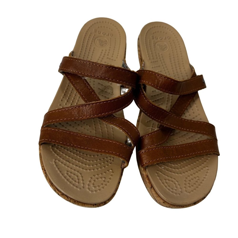 Crocs Sandals Brown Leather A-Leigh Cork Low Wedge Size 8 Slip On